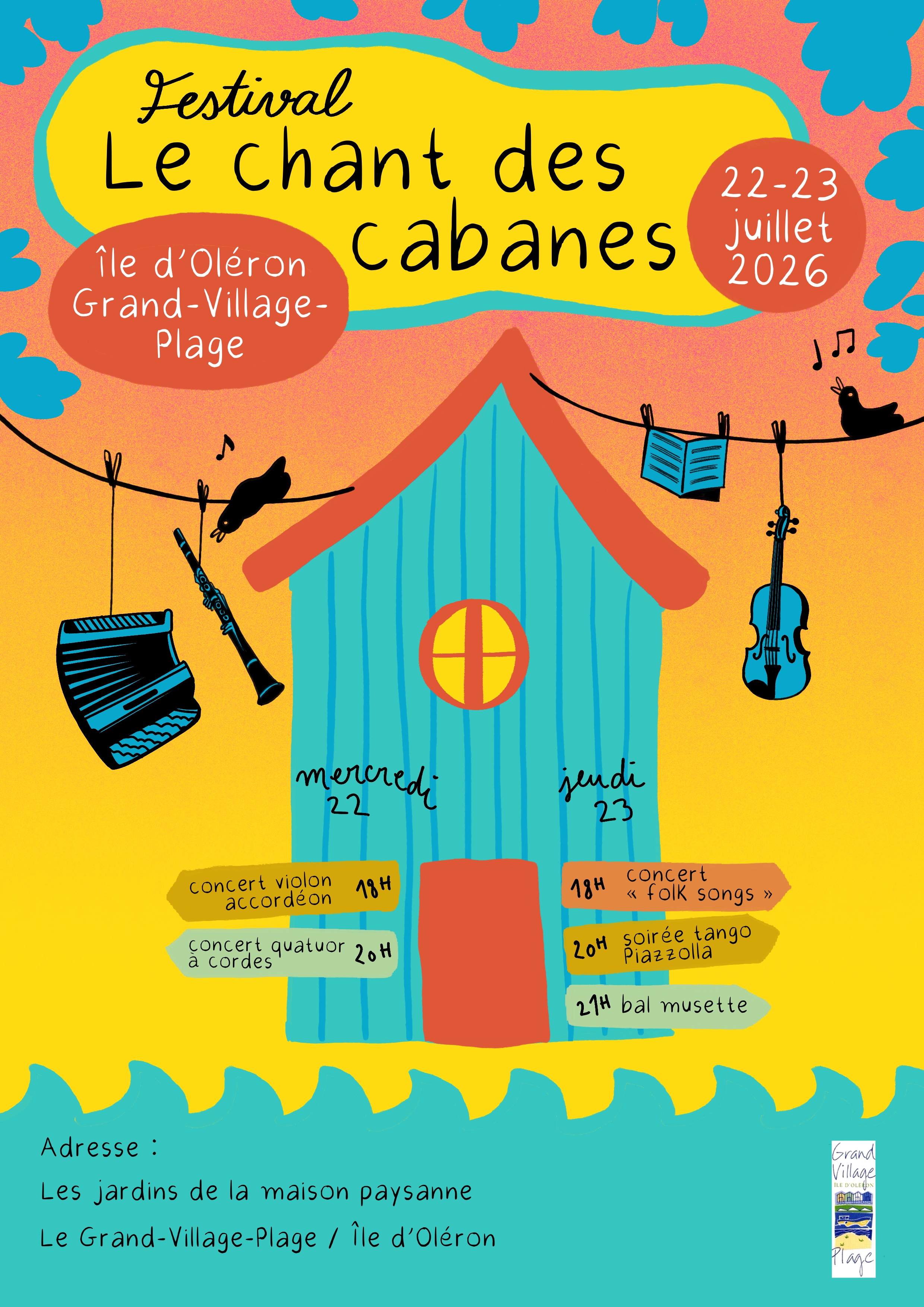 Affiche du festival Le Chant des Cabanes 2026 — cabane de plage colorée avec instruments de musique dessinés, Île d'Oléron
